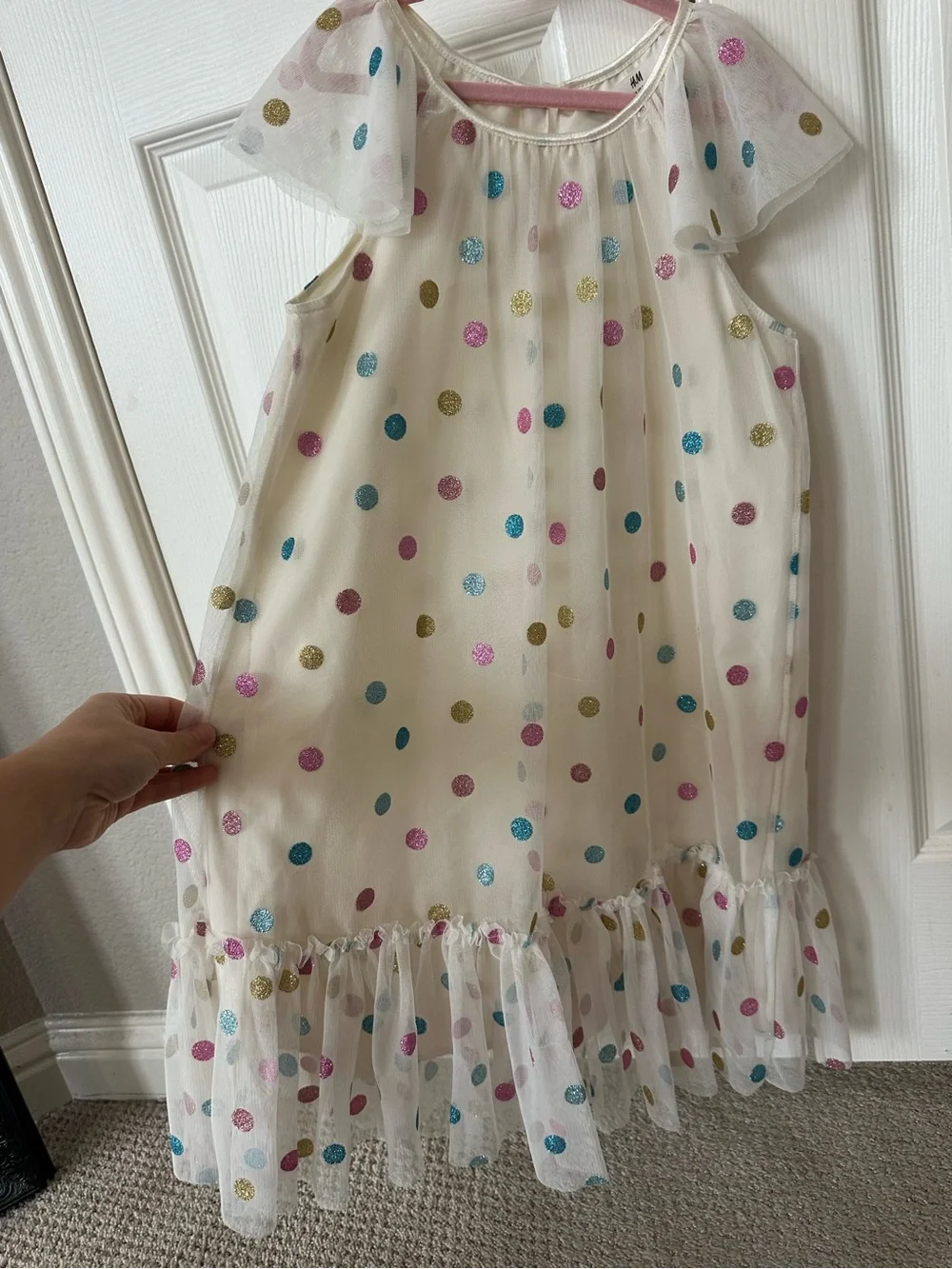H&M - Cream Tulle Polka Dot Maxi Dress with Ruffle Hem